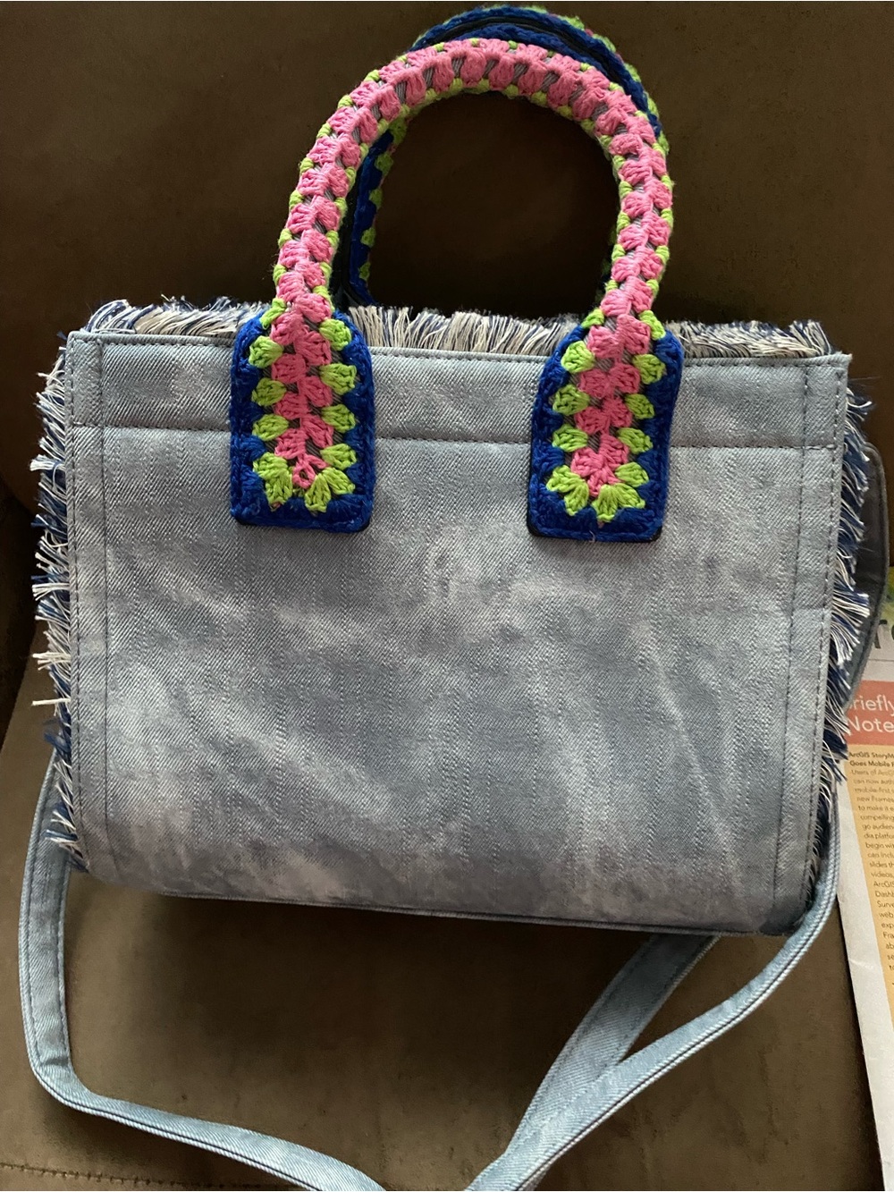 Aldo Denim 'Getaway' Tote with Pink & Green Crocheted Handles - Picture 3 of 5